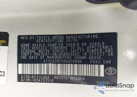 2006 Toyota Camry Solara Sle из США, поврежденный, VIN 4T1FA38PX6U076896